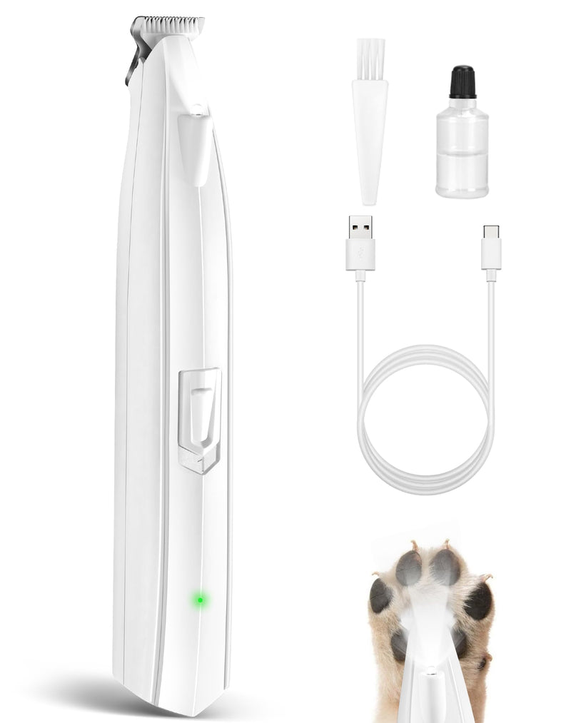 Dog Paw Trimmer for Grooming, Cordless Electric Dog Clippers with LED Light, Rechargeable Low Noise Small Pet Shaver for Trimming Cat's Hair Around Eyes, Faces, Ears, Paws, Rump(White) White - BeesActive Australia
