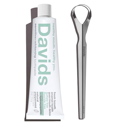 Davids Nano Hydroxi Toothpaste and Tongue Scraper Bundle, Remineralize Enamel, Sensitive Relief & Teeth Whitening - Antiplaque, Fluoride Free, SLS Free, Peppermint, 4oz, Made in USA