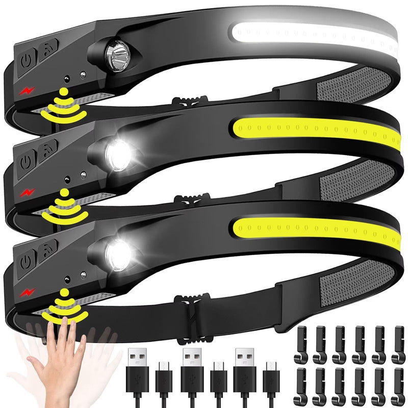 Headlamp Rechargeable 3PCS, 230° Wide Beam Head Lamp LED with Motion Sensor for Adults - Camping Accessories Gear, Waterproof Head Light Flashlight for Hiking, Running, Repairing, Fishing, Cycling 3 Pack