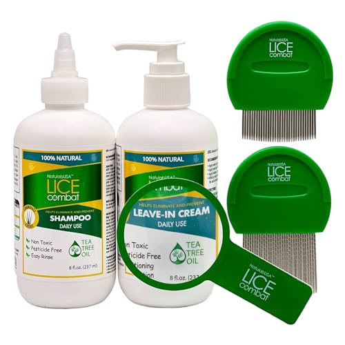 Lice Combat Treatment Kit | Shampoo, Leave-in Cream, Two Combs and Magnifying Glass | Manages Super Lice & Nits | Repels & Prevents | Pesticide Free | 100% Natural Essential Oils
