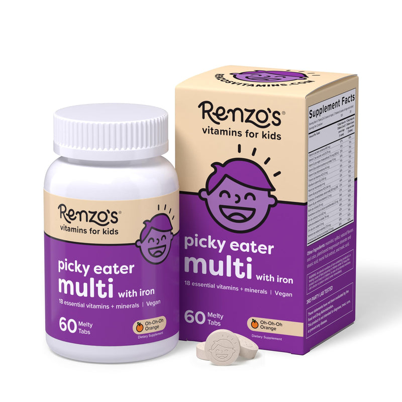 Renzo's Picky Eater Kids Multivitamin with Iron - Dissolvable Kids Vitamins with Iron, Zinc, Vitamin C, Vitamin D, E & K, Sugar-Free Melty Tabs, Orange Flavor, 60-Count (1-2 Month Supply) Oh Oh Oh Orange