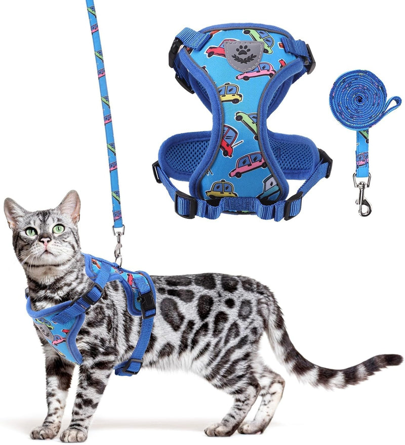 KOOLTAIL Cat Harness and Leash Set, Escape Proof for Safe Walking & Travel, Reflective Comfortable Easy Control Adjustable Kitten Harness for Boys&Girls Small Medium Large Cats Car M Cartoon Car Pattern - BeesActive Australia
