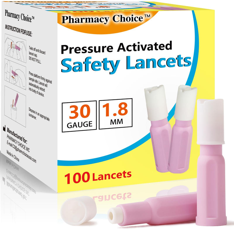 Safety Lancets, Sterile, Top Push Button Activated, Single-Use,1.8 mm, 100 Count, 1 Pack (30G x 1.8 mm) 30G x 1.8 mm - BeesActive Australia