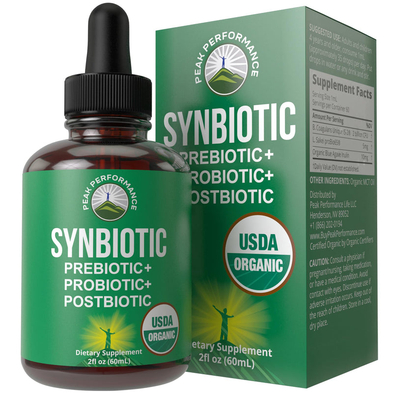 Organic Synbiotic = Prebiotics + Probiotics + Postbiotics 3-in-1 Supplement | For Women, Men, & Kids. Pre, Pro, & Post Biotics Liquid Drops for Gut + Microbiome Balance. Made in USA, Vegan, Zero Sugar