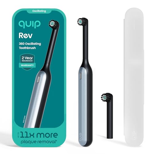 Quip Rev Oscillating Rechargeable Electric Toothbrush with Extra Brush Head - Soft Bristles, Pressure Sensor, 3 Intensities, 30-Day Battery Life, 2-Min Timer, Travel Case, Mirror Mount - Blue Stone
