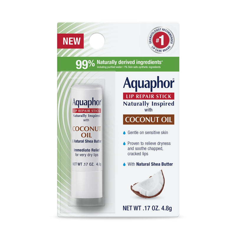 Aquaphor Naturally Inspired Lip Repair Stick with Coconut Oil and Natural Shea Butter, Hydrating Lip Balm Immediately Relieves Dryness, 0.17 Oz Stick 0.17 Ounce (Pack of 1)