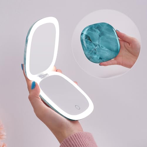 Mocado Compact Mirror with Light-4 Inches Compact 1x/10x Magnifying Mirror Green Marble
