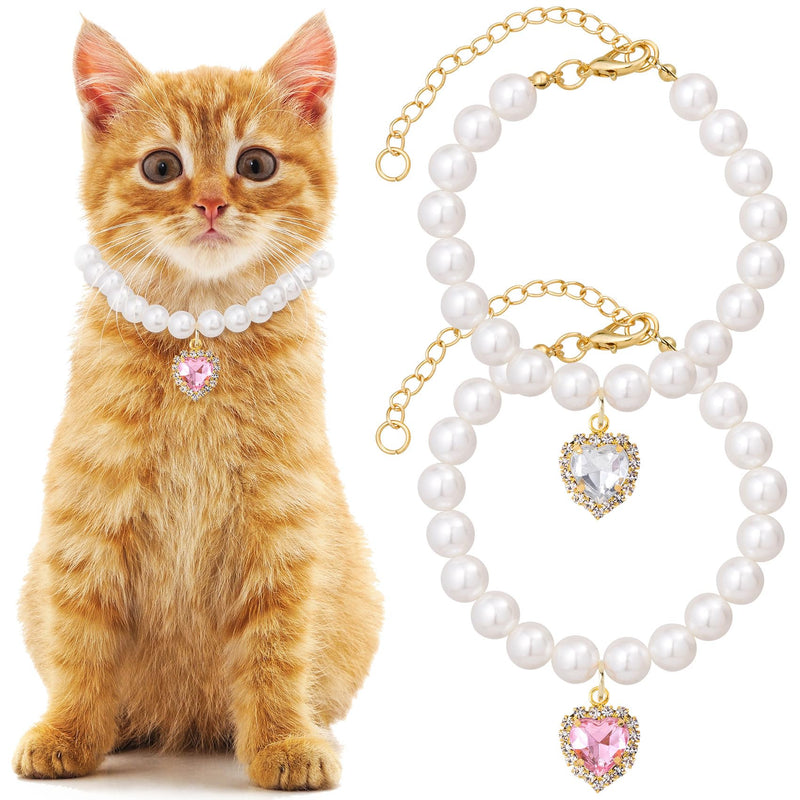 2pcs Cat Dog Pearl Collar, Small Heart Shape Rhinestone Pet Necklace, Adjustable Wedding Party Pet Jewelry Accessories for Puppy Small Cats- White & Pink - BeesActive Australia