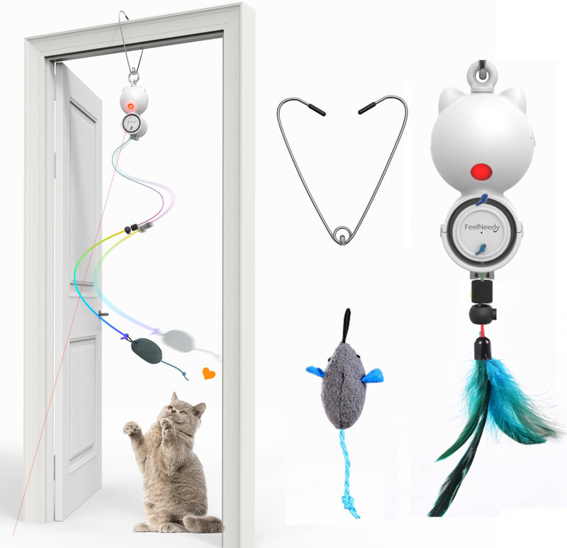 Cat Toys for Indoor Cats, Interactive Cat Toys, LED Hanging Cat Wand Toy, Smart USB Rechargeable Door Hanging Automatic Retractable Kitten Toys, White - BeesActive Australia
