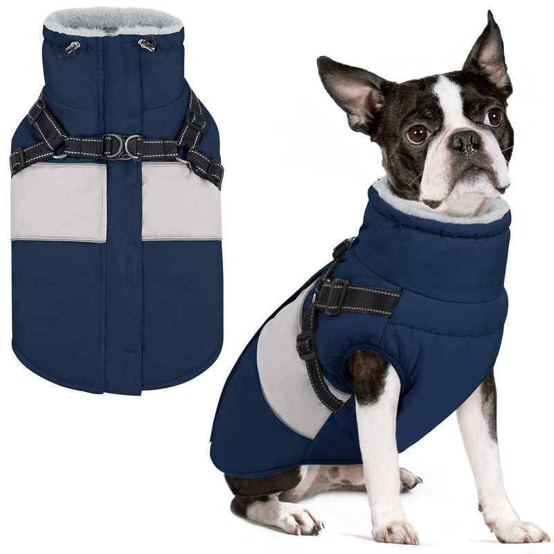 SUNFURA Dog Winter Coat, Waterproof Dog Jacket Dog Coat with Harness for Medium Dogs Boys Girls, Reflective Fleece Lined Dog Snow Jacket Pet Sweaters for Pug, Jack Russel, Boston Terrier, Blue M Navy Blue - BeesActive Australia