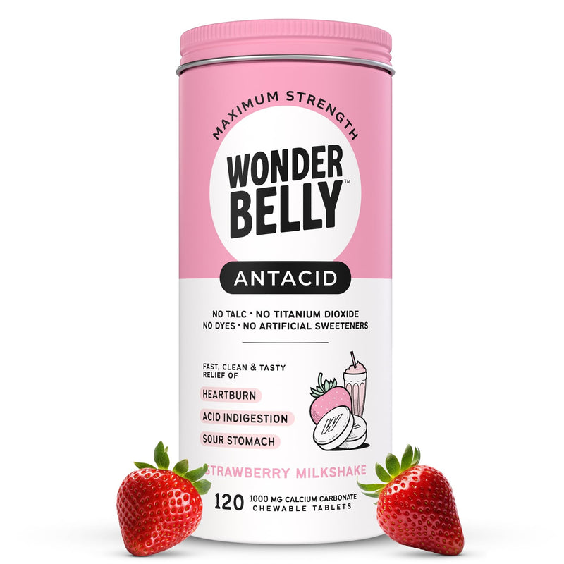 Wonderbelly Antacid, Effective Heartburn and Instant Acid Indigestion Relief, Extra Strength Chewable Tablets, 1000 mg Calcium Carbonate, No Talc or Dye, Strawberry Milkshake, 120 Count 120 Count (Pack of 1)