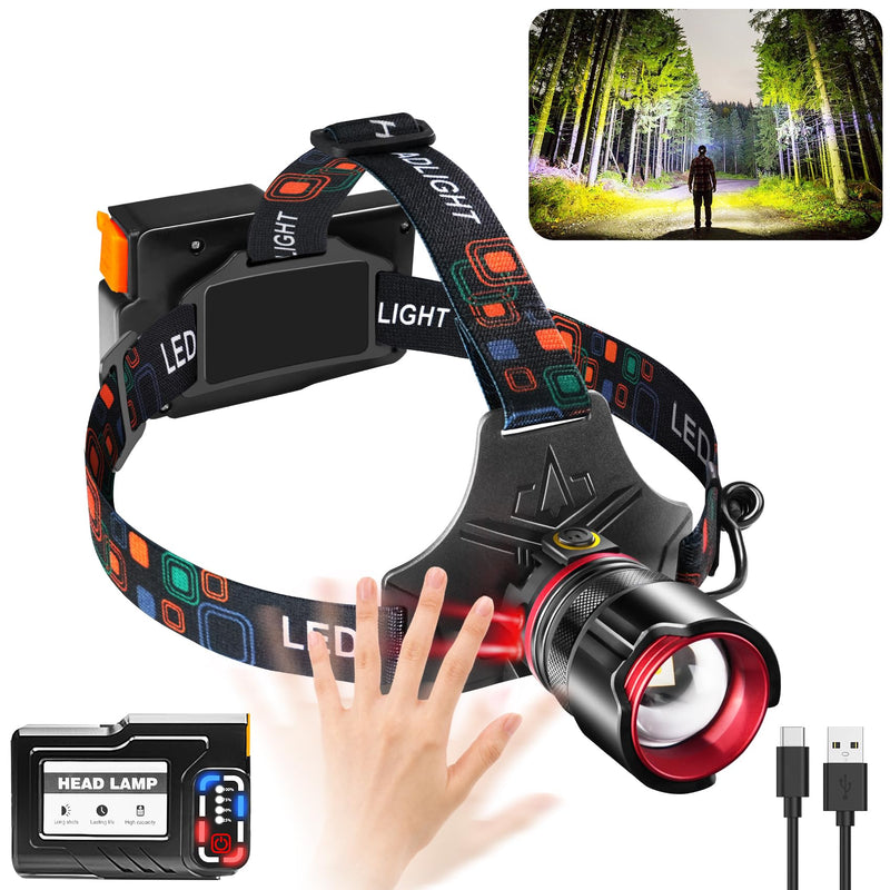 Headlamp Rechargeable, Super Bright with 5 Modes, Motion Sensor Head Lamp Batteries Included, Waterproof Headlamps for Camping Hunting Running Fishing Biking