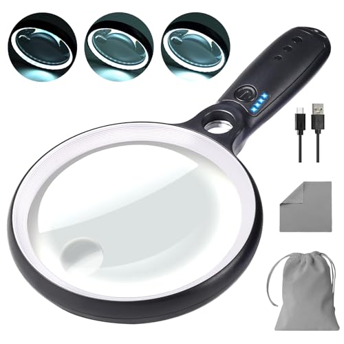 Large Magnifying Glass with 37 LED Light, 10X 20X 45X Handheld Illuminated White & Black Magnifier with Light (No Case)