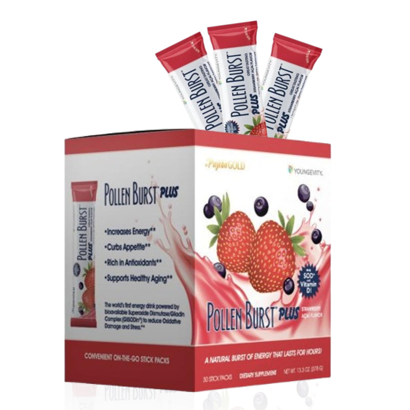 Youngevity Pollen Burst Strawberry Acai Energy Drink Mix, 30 Count Box | Flower pollen extract, SOD, green tea, natural caffeine, vitamins, minerals, energy support, mental clarity, strawberry acai
