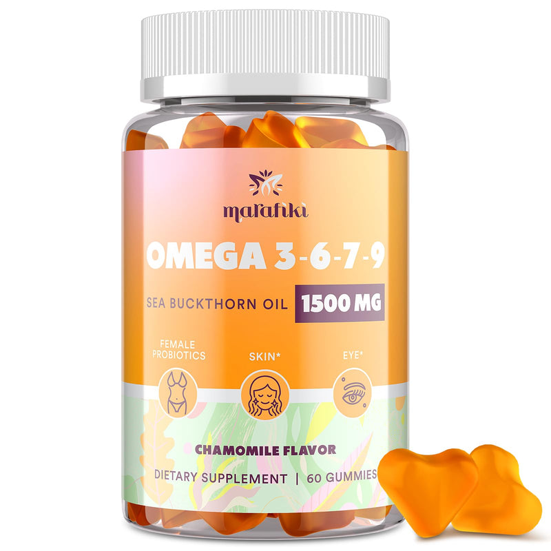 Omega 3 6 7 9 Gummies for Women - Omega 3 Supplement with Sea Buckthorn Oil, Flaxseed Oil, Vitamins E, A & Probiotics - Skin, Eye & Dryness, Chamomile Flavor - 60 Gummies 60 Count (Pack of 1)
