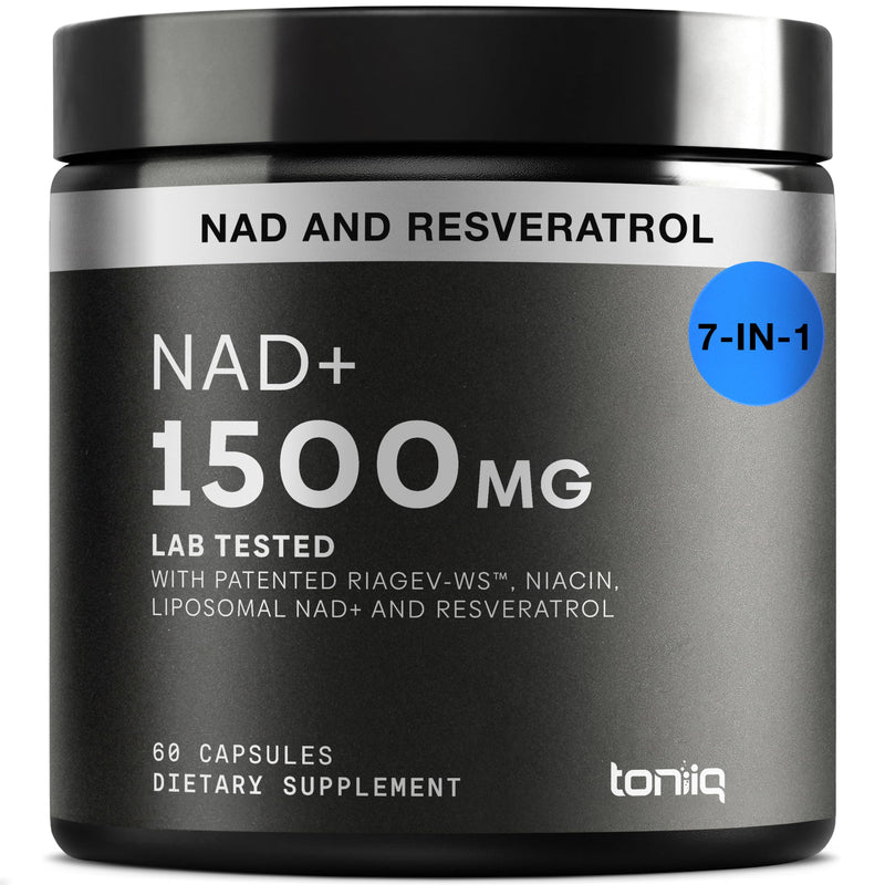 Toniiq Liposomal NAD+ and Resveratrol Supplement - 1500mg | Ultra High Strength NAD Supplement—Clinically Studied Ingredients with Patented RiaGev-WS™, Resveratrol & Niacin—60 Capsules 60 Count (Pack of 1)