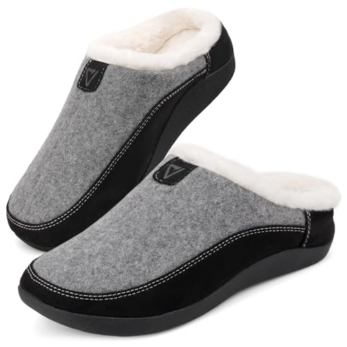 V.Step Orthopedic Slipper with Arch Support, Orthotic Slipper for Plantar Fasciitis Pain Relief,House Slipper for Man Women, Sherpa Lining Bedroom Slipper Shoe Indoor Outdoor Anti-Skid Rubber Sole 9 Wide Women/8 Men Grey