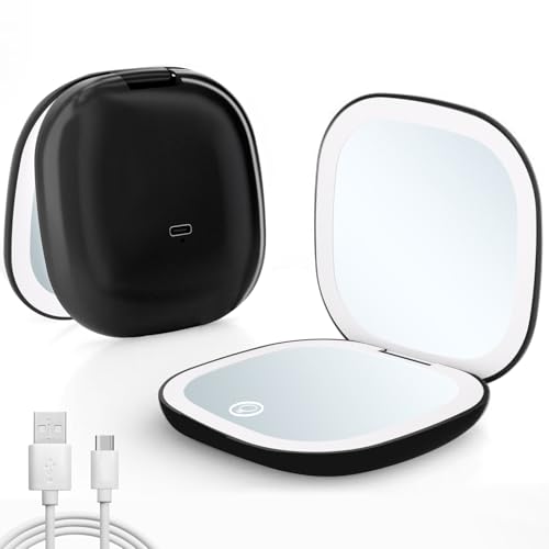 Qidoe Compact Travel Makeup Mirror, Rechargeable 1X/10X Magnifying Compact Mirror with Dimmable Light, 2-Sided Handheld Portable Folding Mirror, Mini Makeup Mirror for Purse, Pocket, Gifts (Black)
