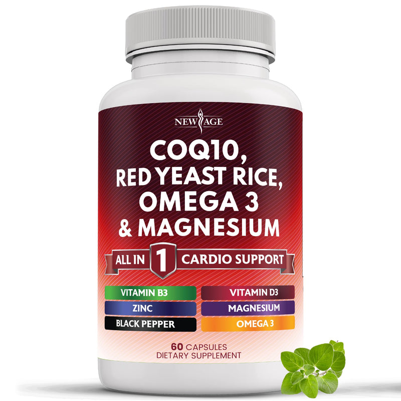 NEW AGE COQ10 200mg Red Yeast Rice, Omega 3, Magnesium Complex, Zinc Vitamin K2 D3 - Heart Health Support Vitamins for Women and Men with Vitamin B3, Coenzyme Q10-60 Count 60 Capsules (Pack of 1)