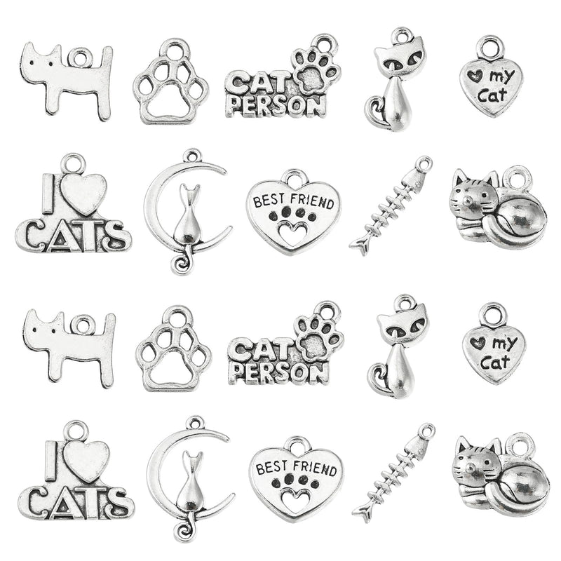 Ornazy 50 pcs 10 Styles Craft Supplies Antique Silver Animals Cat Pet Charms Tibetan Kitten Charms for DIY Necklace Bracelet Jewelry Making - BeesActive Australia