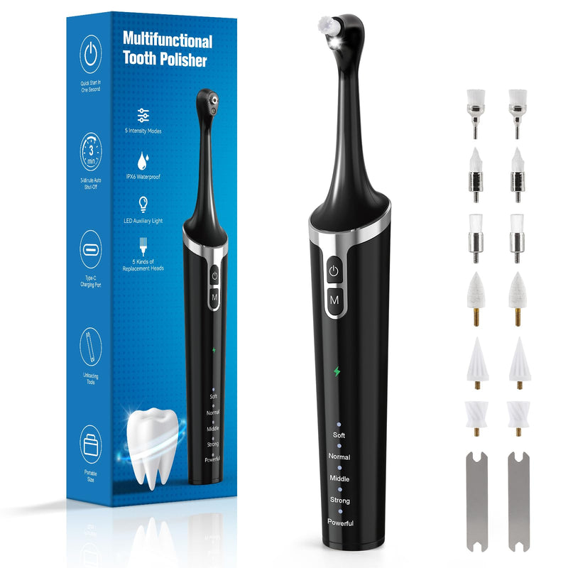 Tooth Polisher Rechargeable Teeth Whitening Kits for Teeth Daily Cleaning and Whitening Dental Polisher with 2 Set Polishing Brush Heads LED Light 5 Speed Modes Waterproof