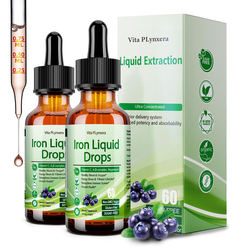 2 Pack Liquid Iron Supplement for Women Men & Kids, Vegan Iron Drops with Vitamin C D, B12, B-Complex, High Potency Liquid with Multivitamin for Anemia, Energy Support, Magnesium Iron Gentle Blueberry 2 Fl Oz (Pack of 2)