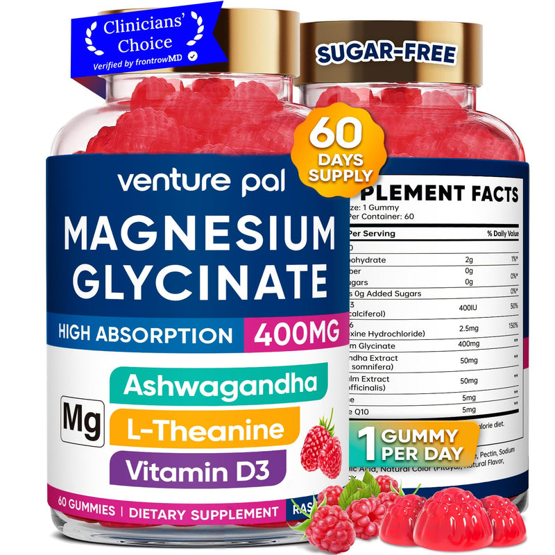 60 Day Supply Magnesium Glycinate 400mg Gummies Sugar Free High Absorption | With Ashwagandha, L-Theanine, CoQ10, Vitamin D3 & B6, Adults & Kids, Stress Relief, Sleep & Calm, Vegan, Gluten Free 60 Count (Pack of 1) V3-raspberry
