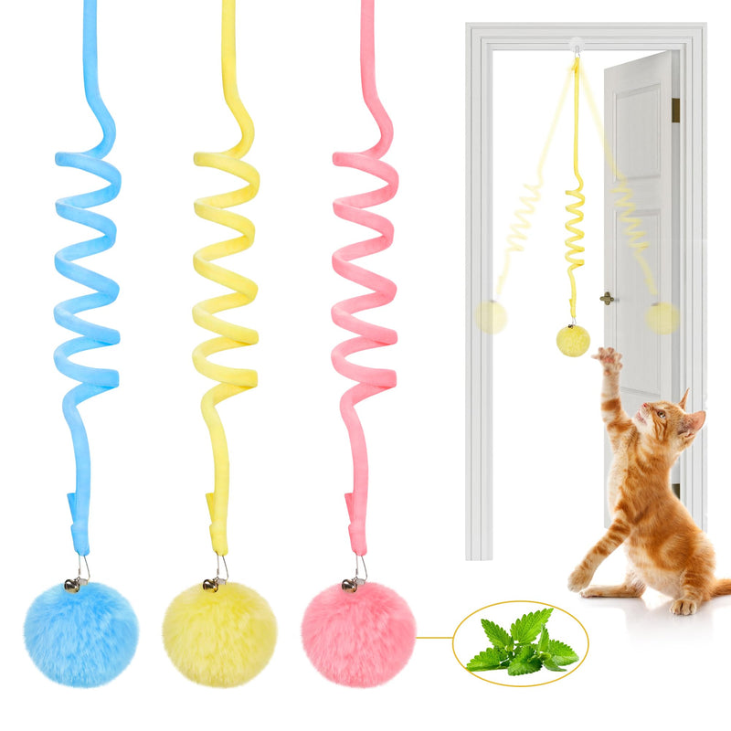 Potaroma Hanging Fluffy Cat Catnip Ball Toys 3 Pcs with Bell, Interactive Cat Teaser Retractable, Cat Toys Indoor Kitten Play Chase Exercise Physical Stimulation Classic - BeesActive Australia
