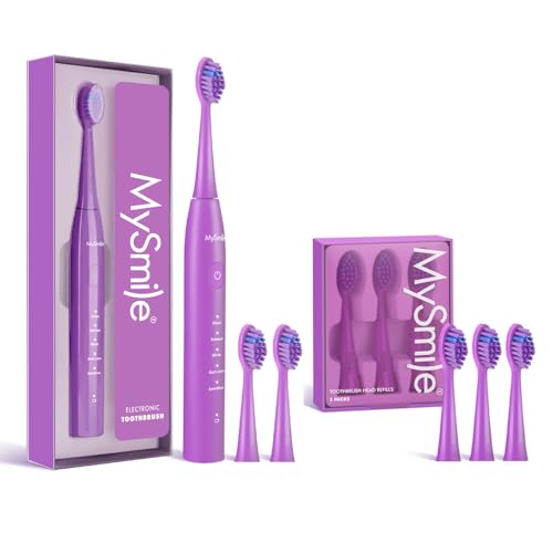 MySmile DY156 Electric Toothbrush for Adults with 3 Brush Heads and Replacement Heads, 3 Packs (Purple)