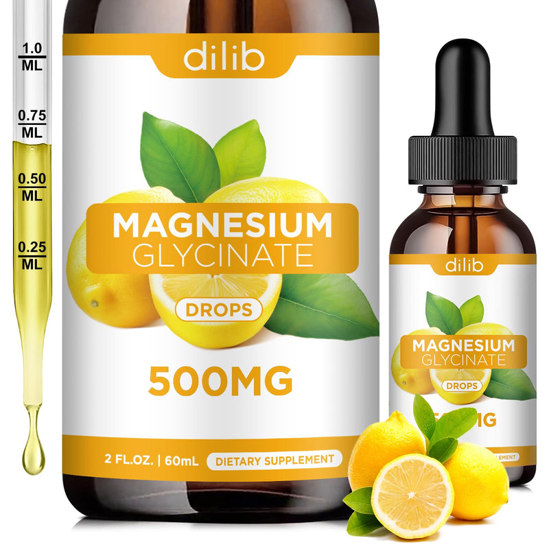 Magnesium Glycinate Supplement, Magnesium Glycinate Liquid Drops 500mg with Calcium, Zinc, Vitamin B6, D3, L-Theanine, Omega 3 for Sleep, Mood, Stress Relief, Bone, Muscle, Lemon Flavor 2 Fl Oz (Pack of 1)