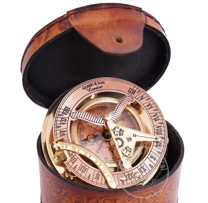 Humaira Nautical Vintage Brass Sundial Compass with Copper Dial & Leather Box Handmade Sun Clock Maritime Navigation Compass Gift - BeesActive Australia