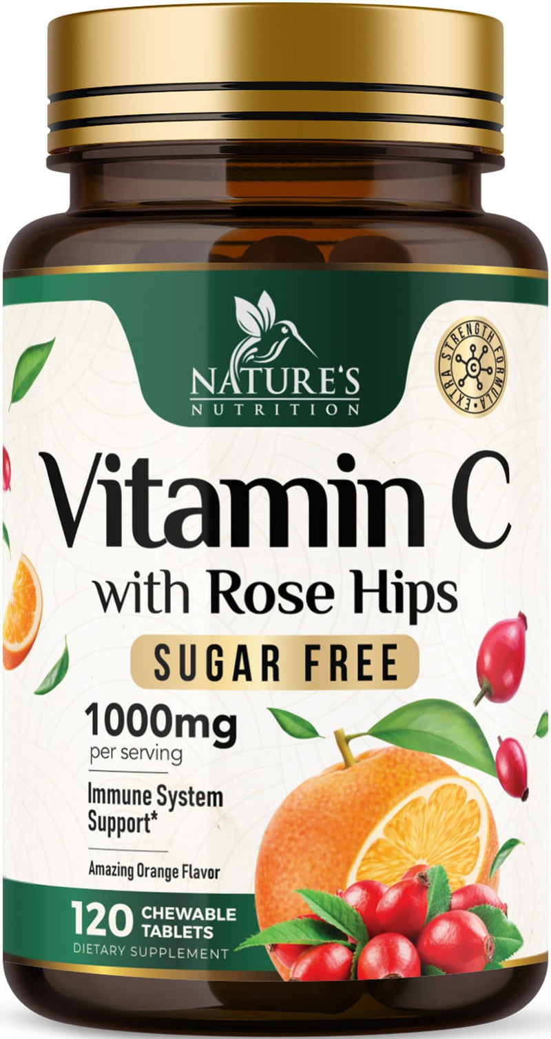 Vitamin C 1000mg Chewable - Sugar Free, Natural Immune Support Supplement with Vitamin C & Rose Hips Bioflavonoids - Extra Strength Antioxidant, Powerful Vit C Chews, Tasty Orange Flavor, 120 Tablets 120 Count (Pack of 1)