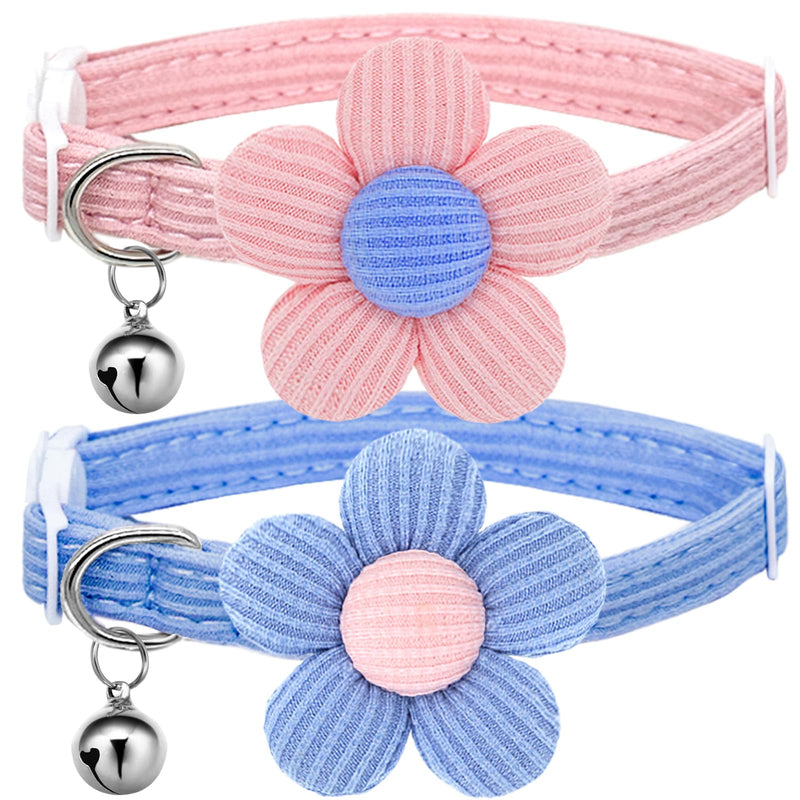 Cat Collar, HANSHILAI Kitten Collar with Bells, Cat Collar Breakaway, Cute Cat Collar for Girl Boy with Flower,Collar para Gatos (2 Pack) (Blue & Pink) Blue & Pink - BeesActive Australia