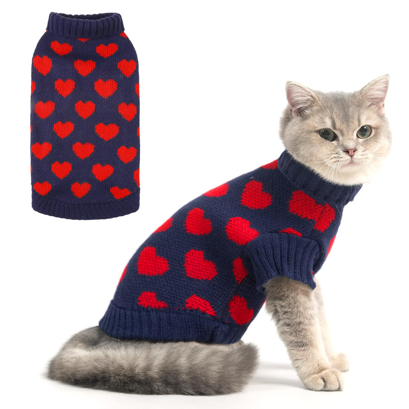 KOOLTAIL Cat Sweater Turtleneck- Soft Knit Cat Sweaters for Cats Only, Cat Christmas Sweater Red Heart Love Pattern Thick Warm Cold Weather Clothes for Small Medium Large Size Kitten Puppy Navy M - BeesActive Australia