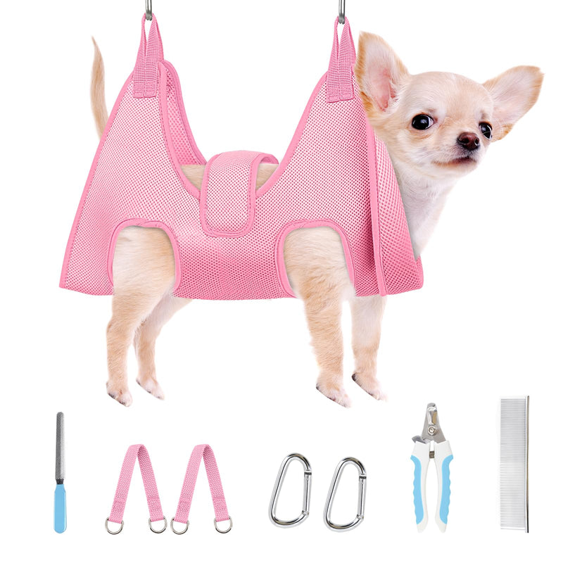 Supet Dog Grooming Hammock, New Pink Small Dog Sling for Nail Trimming, Back Protect Dog Hanging Harness for Claw Care, Dog Nail Trimming Restraint with Thick Fabric XS（ Legs Spacing：6-9.5" / Max W：5-15LBS） - BeesActive Australia