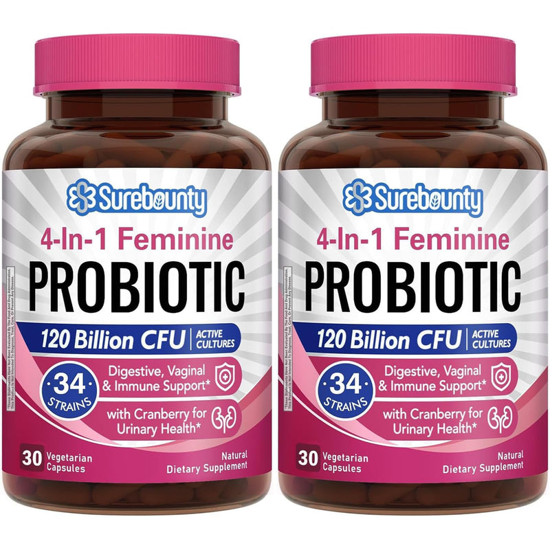 Probiotics for Women, 120 Billion CFU 34 Strains, Prebiotics, Digestive Enzymes, Cranberry, 4-in-1 Feminine Probiotic, Digestive, Vaginal, Immune Support, 60ct (Pack of 2) 30 Count (Pack of 2)