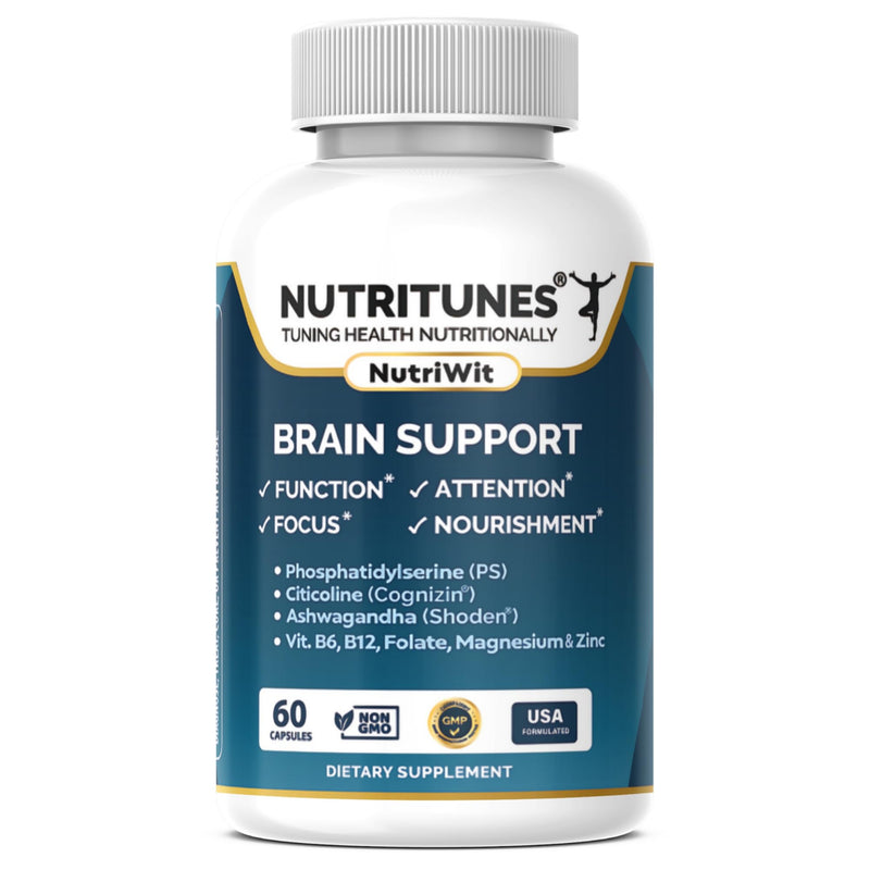 NutriWit Brain Health Supplement - 60 Capsules | Features Cognizin Citicoline, Shoden Ashwagandha, Phosphatidylserine, B Vitamins, Magnesium, and Zinc Blend