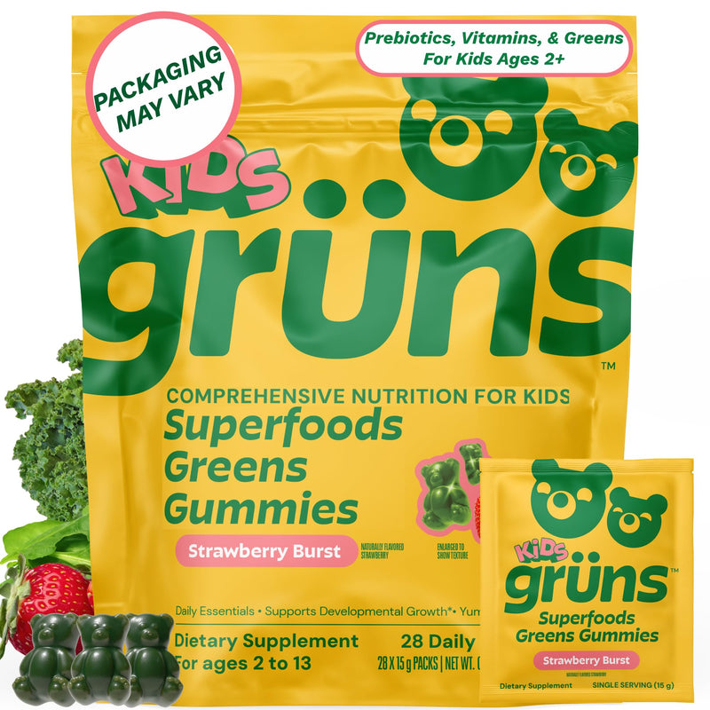 Gruns Kids Multivitamin Kids Greens Gummies, 28 ct | Daily Supplement with Vitamins, Minerals, Adaptogens, and Prebiotic Fiber Low Sugar