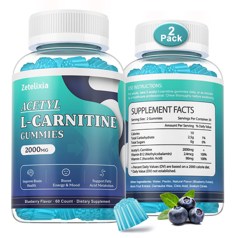 2 Pack Sugar Free Acetyl L-Carnitine Gummies, L-Carnitine Supplement for Women & Men, with Vitamin C & B12, ALCAR for Energy, Brain & Heart Health Support, Vegan, Non-GMO, 120 Count 60 Count (Pack of 2)