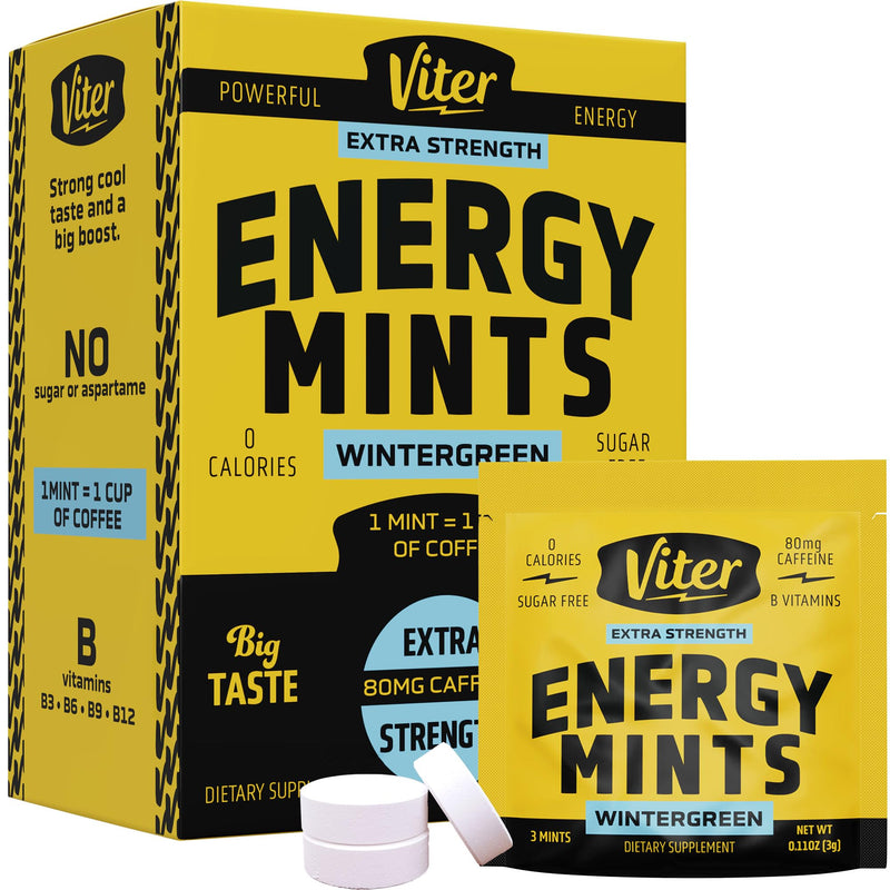 Viter Energy Caffeine Mints 80mg Extra Strength - 90 Pieces Caffeinated with B Vitamins. Sugar Free Vegan Breath Mint. Energize Nootropic Focus Booster for Fast Alertness (Wintergreen Flavor, 30 Pack) Wintergreen 90 Count (Pack of 1)