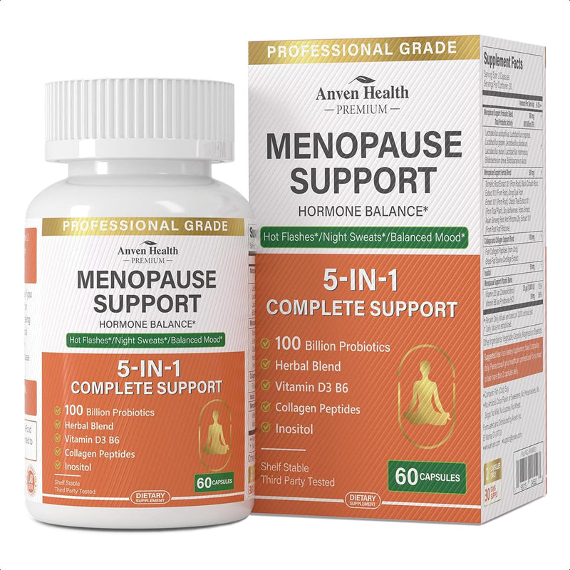 Menopause Supplements for Women 100 Billion CFU, Vitamin D3 B6 | Vitamin D3 & B6, 100B Probiotics, Black Cohosh & Herbs, Collagen, Hot Flashes & Night Sweats Relief, pH Balance Menopause 60 Count (Pack of 1)