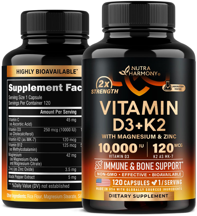 Vitamin D3 K2 - Vitamin D3 10000 iu & K2 as MK-7 120 mcg - Immune & Mood Support, for Bone & Teeth Health - with Magnesium, Zinc & Vitamin C & B12 - Highly Bioavailable - Made in USA, 120 Capsules 120 Count (Pack of 1)