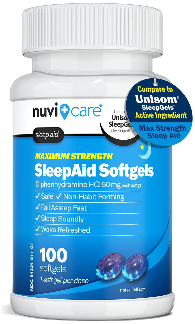 Maximum Strength SleepAid Soft Gels - Nighttime Sleep Aid with Diphenhydramine HCl 50mg - Non Habit Forming Sleeping Pills for Adults - Extra Strong OTC Sleep Aids for Adults (100 Count) 100 Softgels (pack of 1) - BeesActive Australia