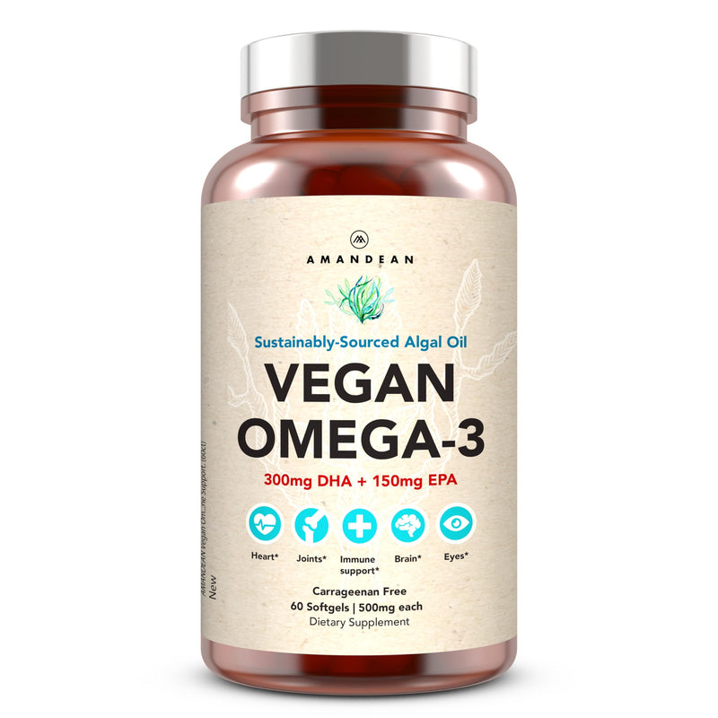 AMANDEAN Vegan Omega-3 Supplement, Algal Oil Algae DHA EPA Softgels, 60ct | Algal oil, plant-based fish oil alternative; vegetarian omega 3, DHA & EPA 60 Count (Pack of 1)