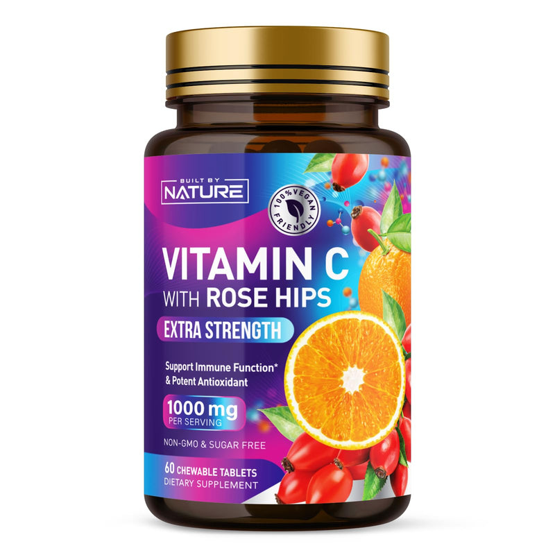 Built by Nature Chewable Vitamin C with Rose HIPS 1000mg 60 Tablets Orange Flavor, Non-GMO, Gluten-Free, Vegan, Immune Support & Antioxidant 60 Count (Pack of 1)