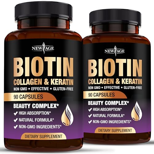 NEW AGE Biotin Collagen Keratin Hyaluronic Acid - 50,000mcg Hair Growth Vitamins for Men and Women, Nails, Hair, Skin Vitamins and DHT Blocker with Vitamin E Folic Acid Pumpkin Seed MSM- 180 Count 180 Capsules (Pack of 2)