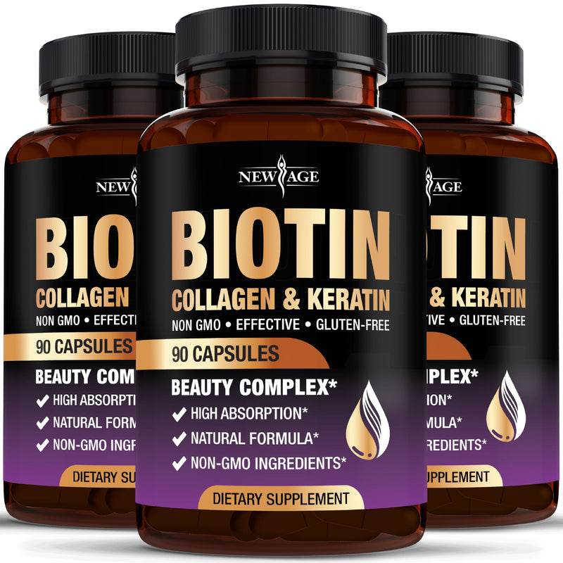 NEW AGE Biotin Collagen Keratin Hyaluronic Acid - Hair Growth Vitamins for Men and Women, Nails, Hair, Skin Vitamins and DHT Blocker with Vitamin E Folic Acid Pumpkin Seed MSM- 270 Count 270 Capsules (Pack of 3)