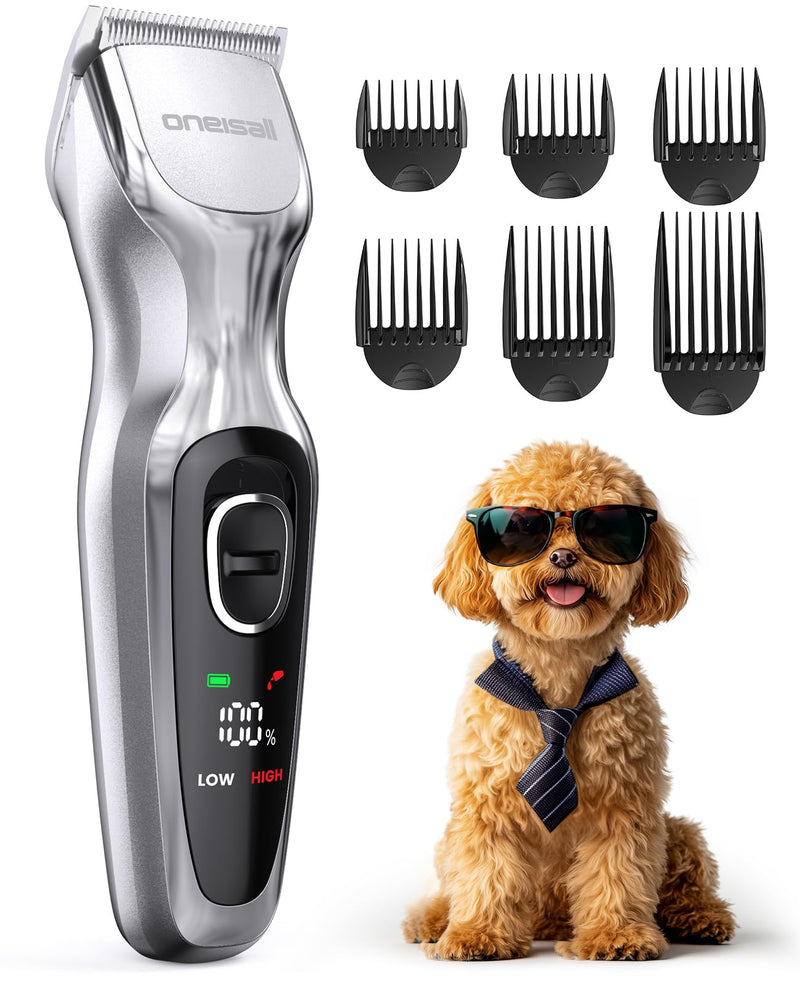 oneisall Dog Clippers for Grooming Thick Hair, Cordless Dog Shavers with Detachable Metal Blades for Home Groomer,Silver