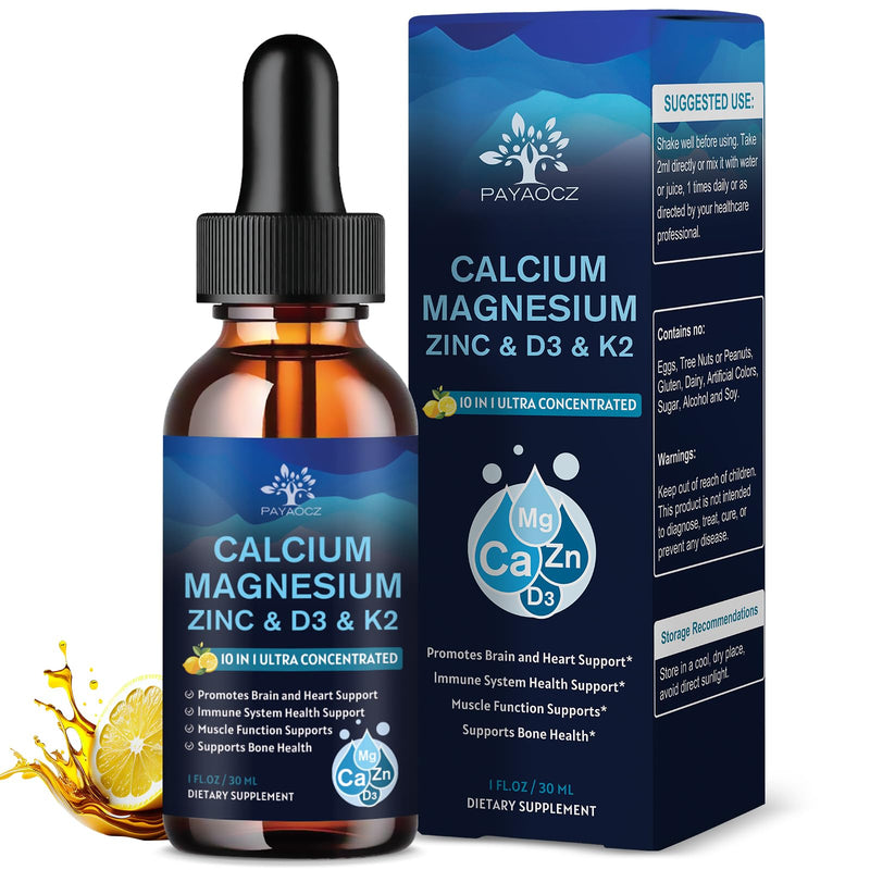 (4 Pack) 10 in 1 Calcium Magnesium Zinc Supplement, Magnesium Glycinate Complex Liquid Drops with Vitamin D3 K2 B6, Vegan Calcium Citrate Bone & Immune Health Support, Sleep & Cramps, Boron, 1 Fl Oz Lemon 1 Fl Oz (Pack of 4)
