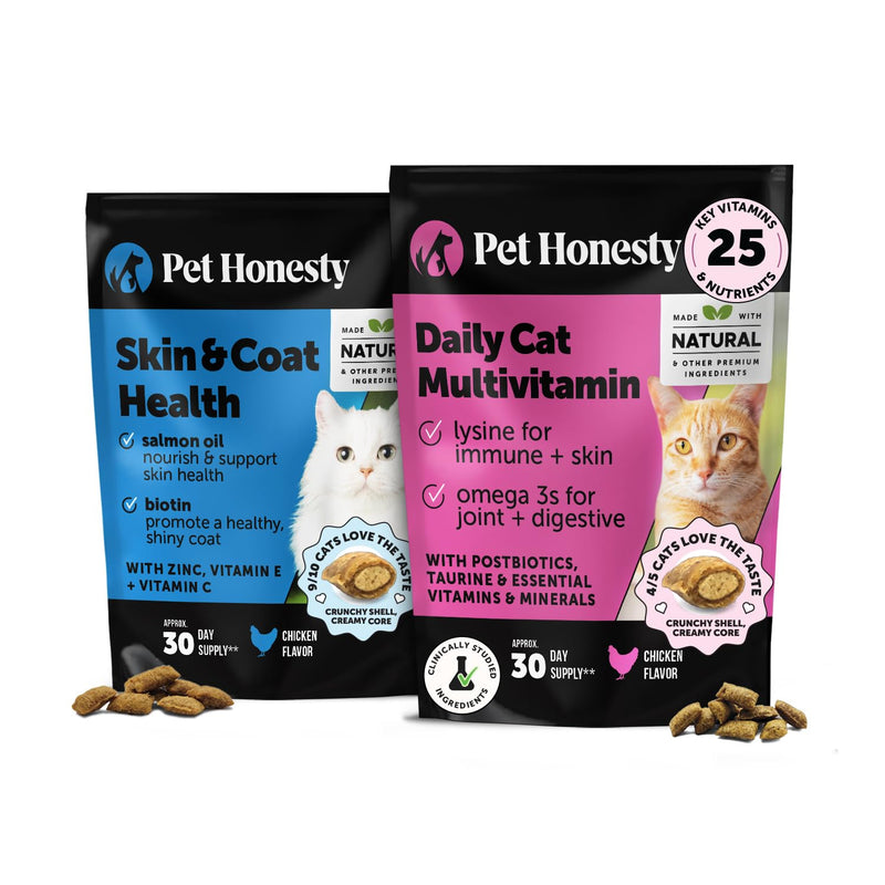 Cat Skin & Coat Health + Cat Multivitamin Daily Essentials Bundle: Omegas, Vitamin C + E, Biotin & Joint Support Chews (Chicken 30-Day Supply)